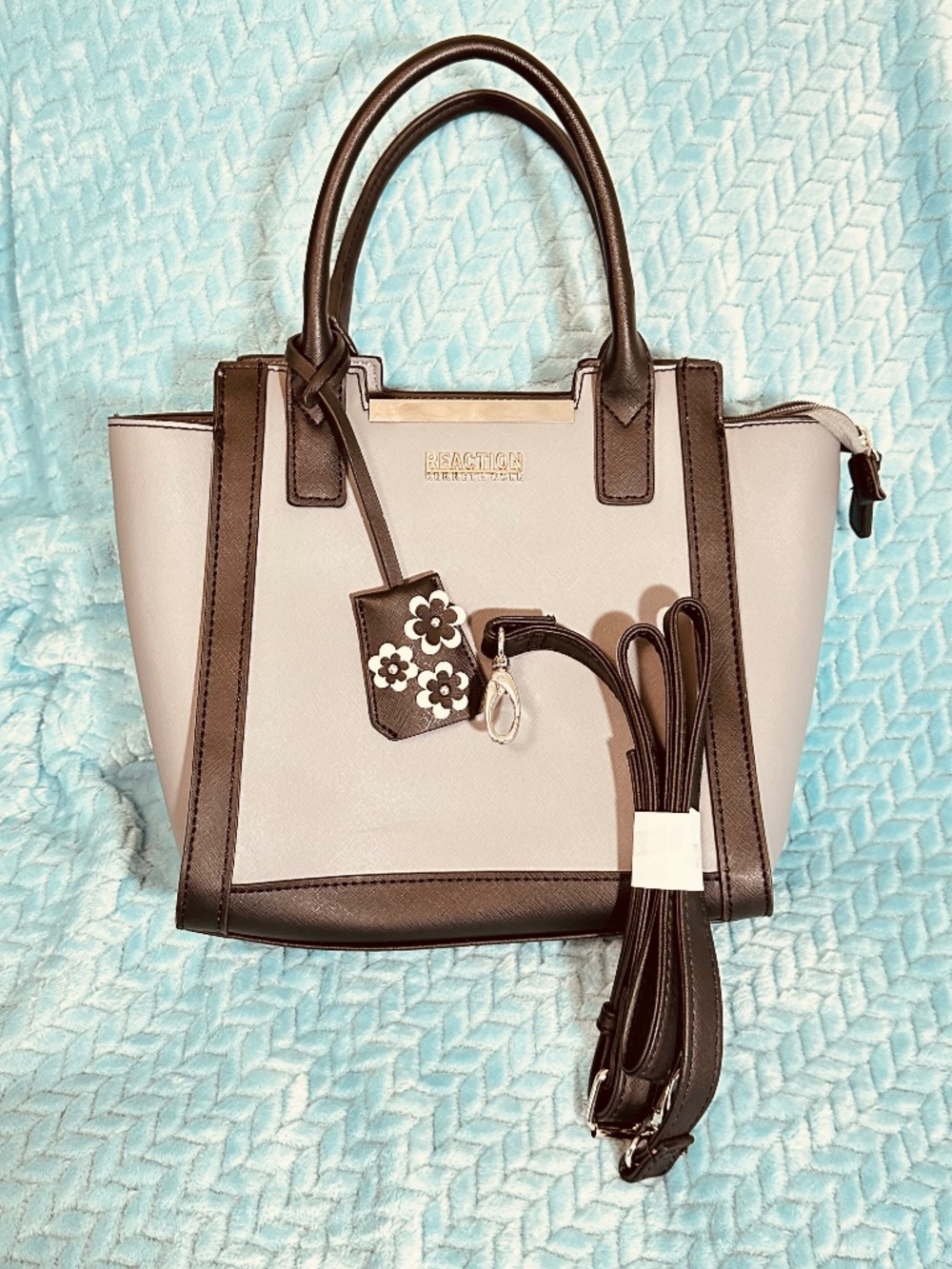 Kenneth Cole Reaction Structured Satchel Tote Gray Black Crossbody Work Handbag - Picture 3 of 14